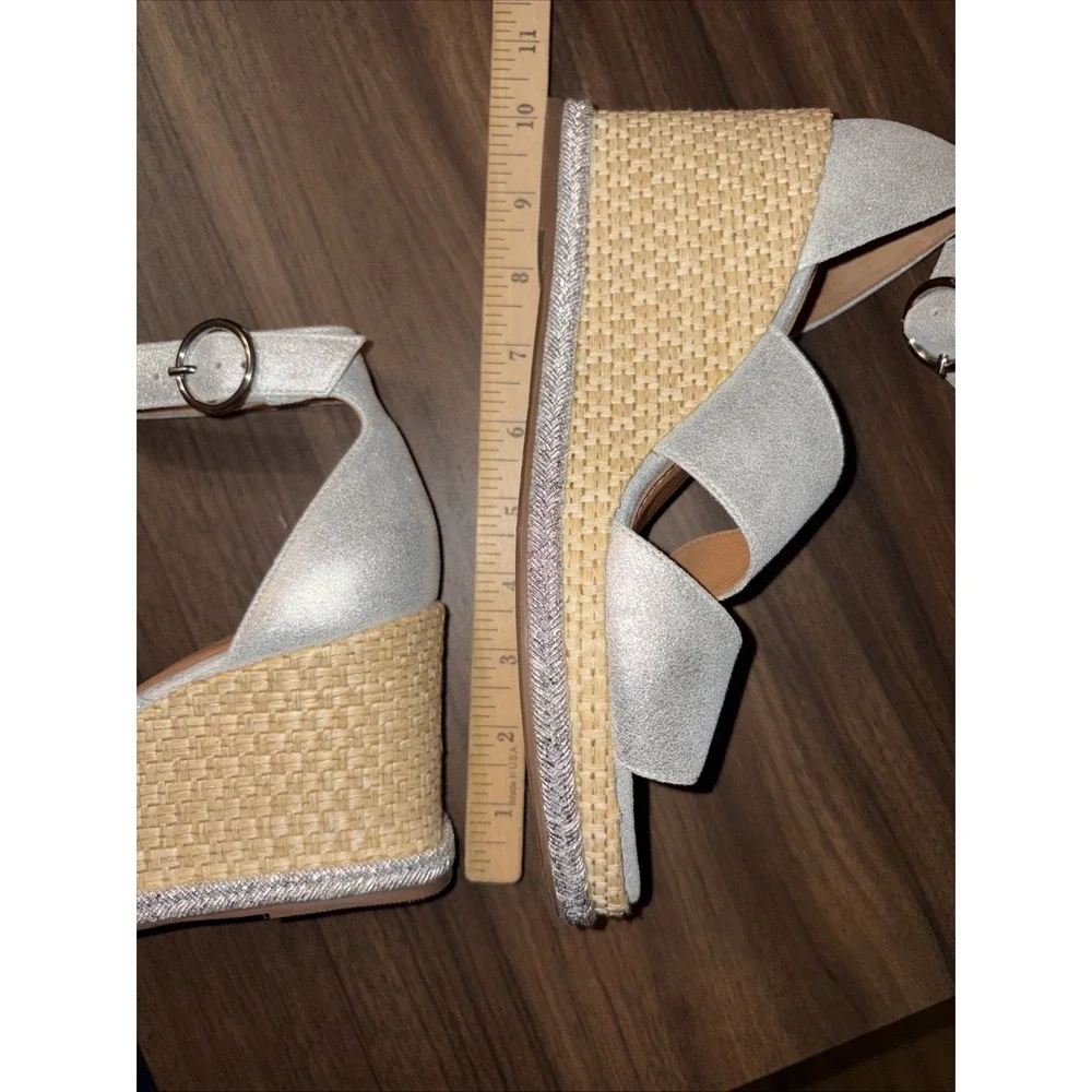 Johnston & Murphy 8 M Marcia Leather Espadrille Wedge Sandals Silver Metallic